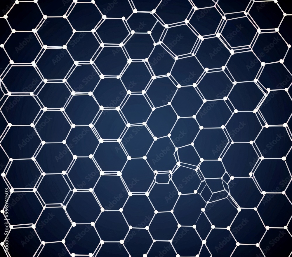 Poster a close-up view complex network of interconnected hexagonal structures, resembling a molecular or cellular structure