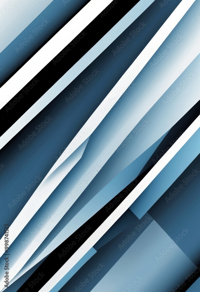 Poster a geometric abstract composition of intersecting diagonal lines in various shades of blue and white, creating a sense of depth and movement