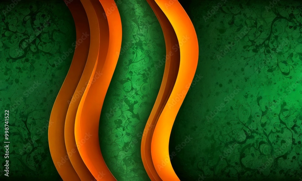 Poster a vibrant abstract design with three curved lines in varying shades of orange and green, set against a dark green background with a subtle floral pattern