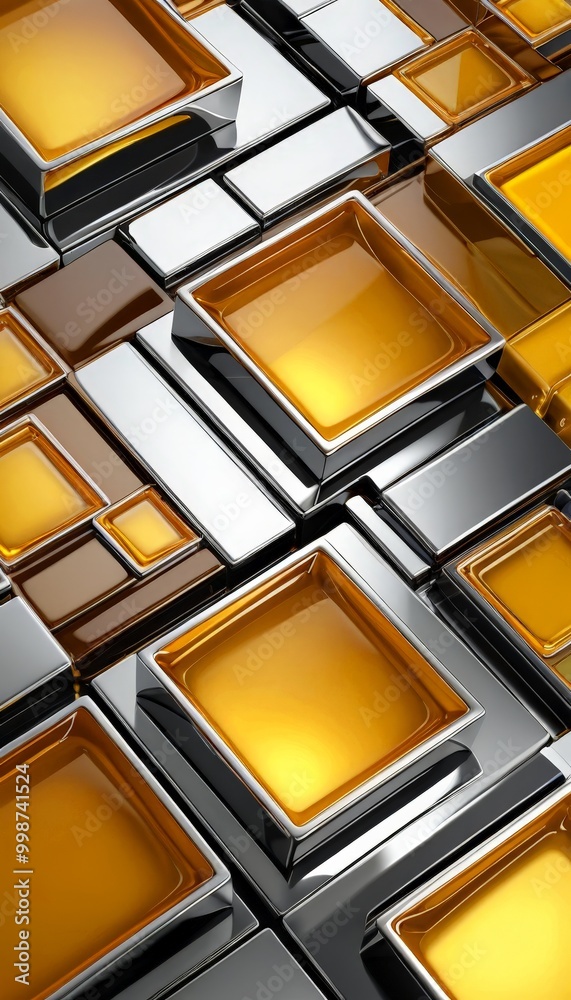 Poster a geometric pattern composed of overlapping metallic cubes in various shades of gold and silver, creating a visually striking and abstract design