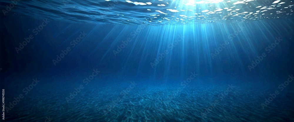 Poster a serene underwater scene with sunlight filtering through the water, creating a mesmerizing pattern of light and shadow on the deep blue ocean floor.