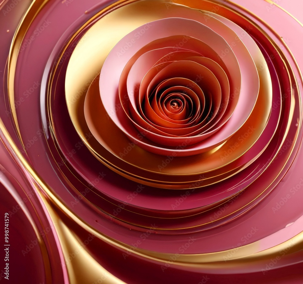 Fototapete A close-up view vibrant, abstract rose composed of overlapping concentric circles in shades of pink and gold, creating a visually striking and dynamic composition