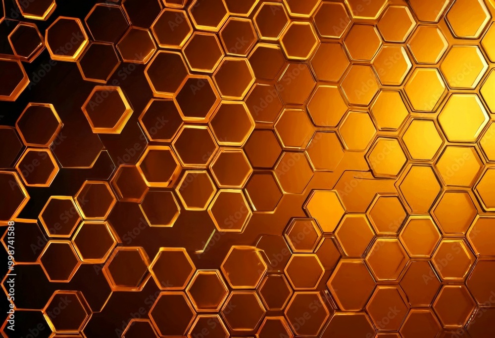 Poster a close-up view of a honeycomb pattern composed of numerous hexagonal shapes, with a warm, golden color palette.