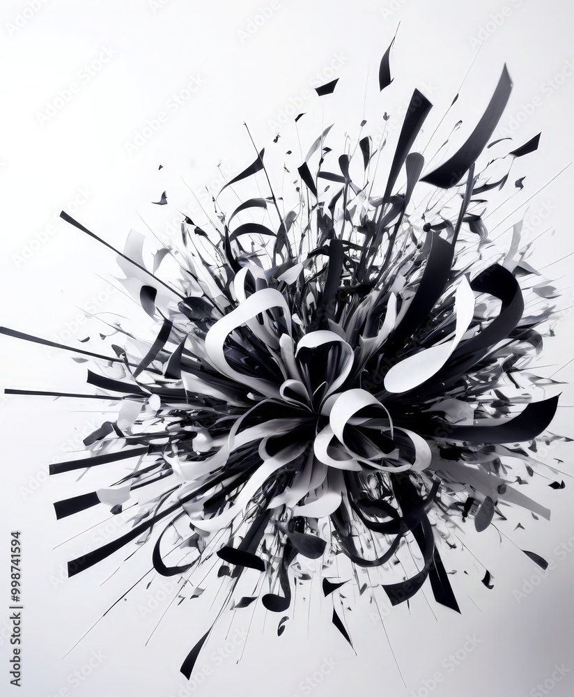 Aufkleber a striking abstract composition of black and white shapes, including curved lines, sharp edges, and splashes of color, creating a dynamic and visually captivating scene