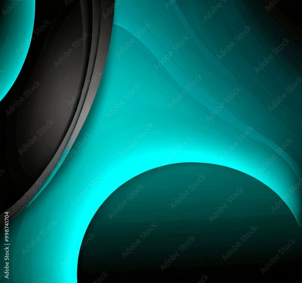 Poster a striking abstract composition of curved lines and shapes in shades of black and teal, creating a sense of movement and dynamism