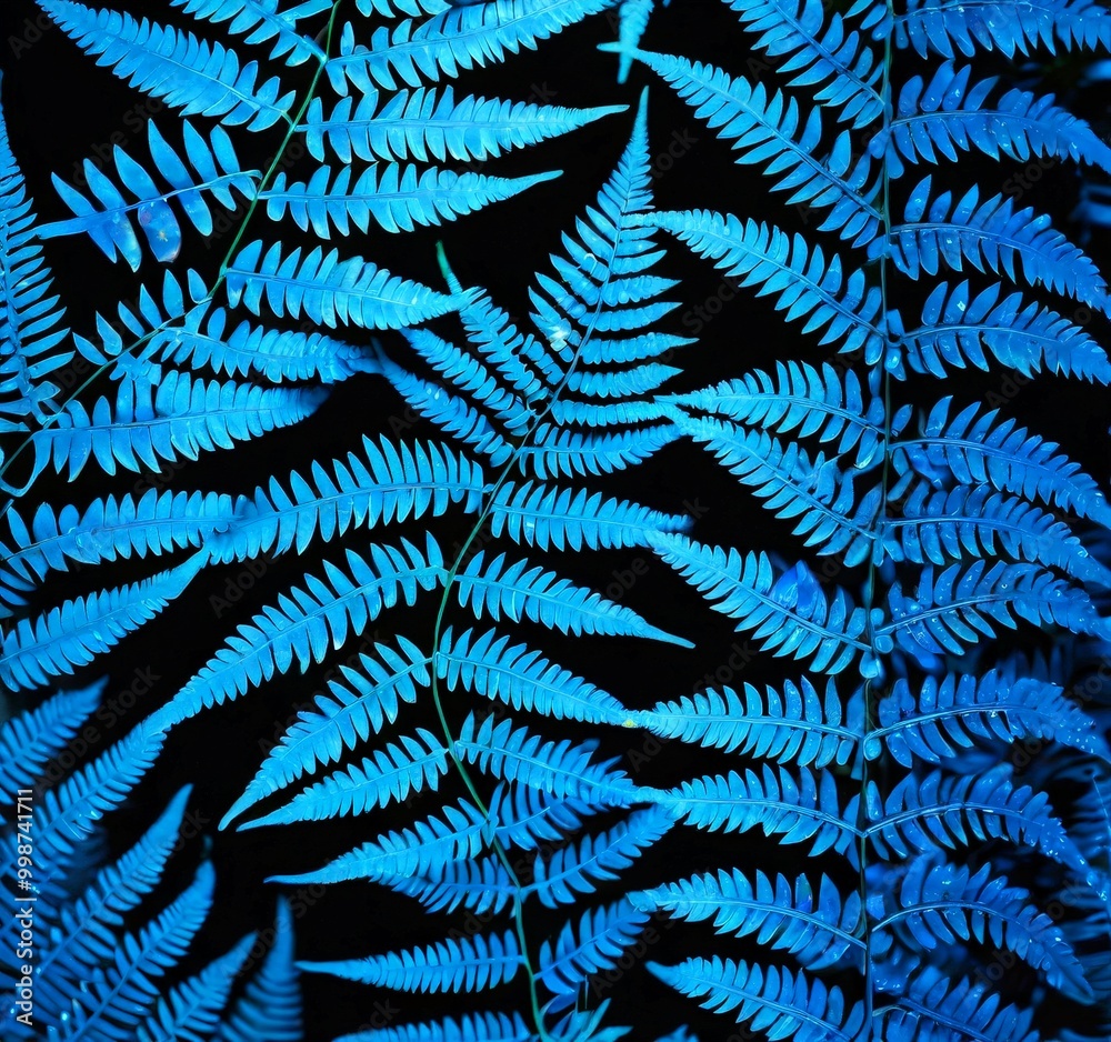 Poster a close-up view fern with a dark background, showcasing its intricate and overlapping fronds in shad