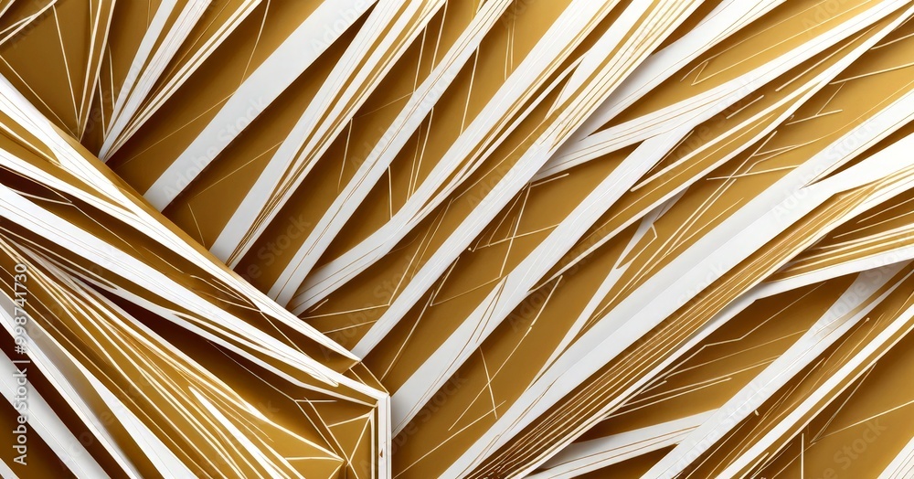 Poster a complex, abstract pattern of intersecting lines and shapes in shades of gold and white, creating a visually striking and dynamic composition