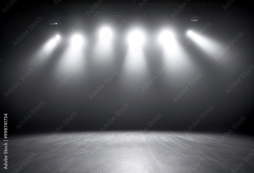 Poster A dimly lit stage with a wooden floor and a row of spotlights shining down on it, creating a dramatic and atmospheric scene
