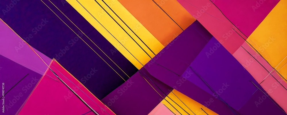 Poster a vibrant abstract composition of intersecting lines and shapes in a variety of colors, including purple, yellow, orange, and pink, creating a dynamic