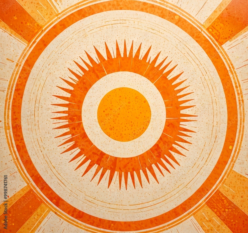 Poster a circular design with a sun-like motif at its center, surrounded by radiating lines in shades of or