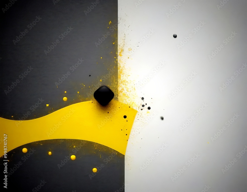 Poster a striking abstract composition with a black square in the center, surrounded by a yellow wave-like shape and scattered black dots