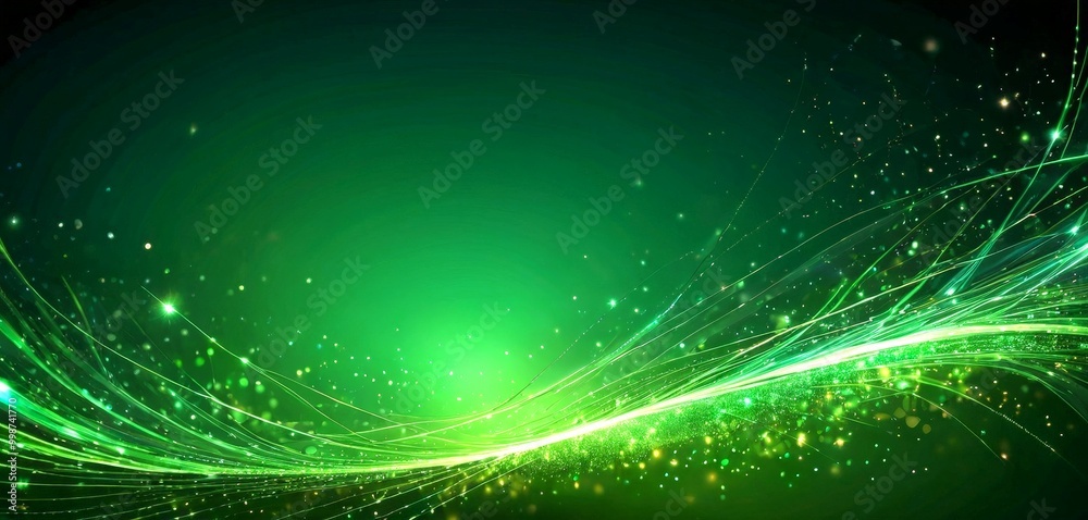 Poster a dark green background with a dynamic, swirling pattern of green and white lines and particles, creating a sense of movement and energy