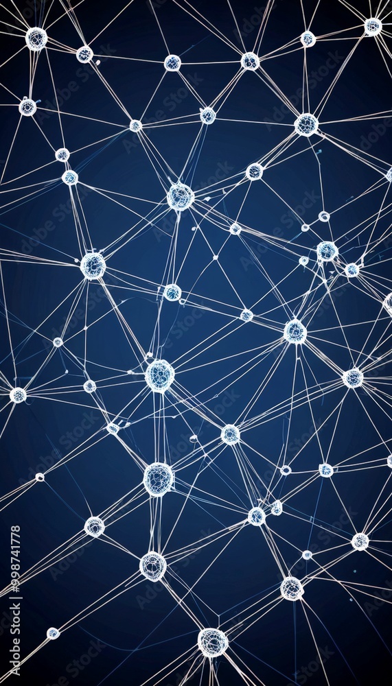 Poster a complex network of interconnected lines and dots, resembling a web or a network of particles, against a dark blue background