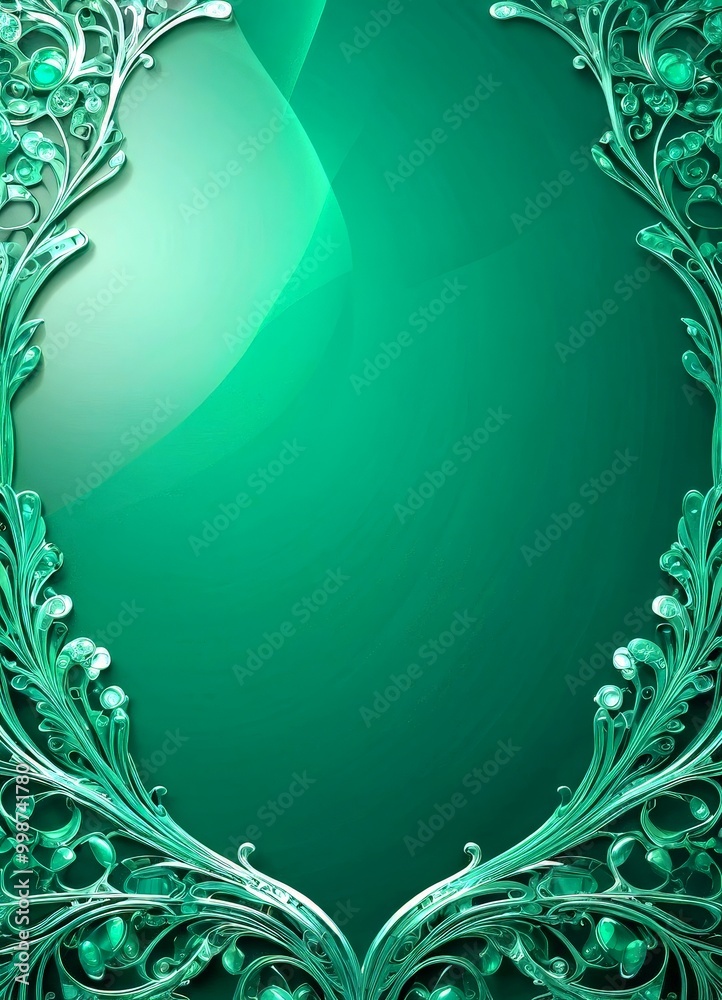 Poster a dark green background with a decorative border of intricate, swirling patterns in a metallic green hue The border is symmetrical, with the left side mirroring the right