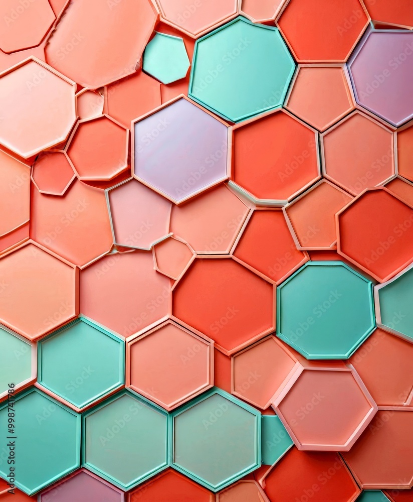 Poster a pattern of overlapping hexagonal tiles in various pastel colors, including pink, blue, and green, creating a visually appealing and textured design
