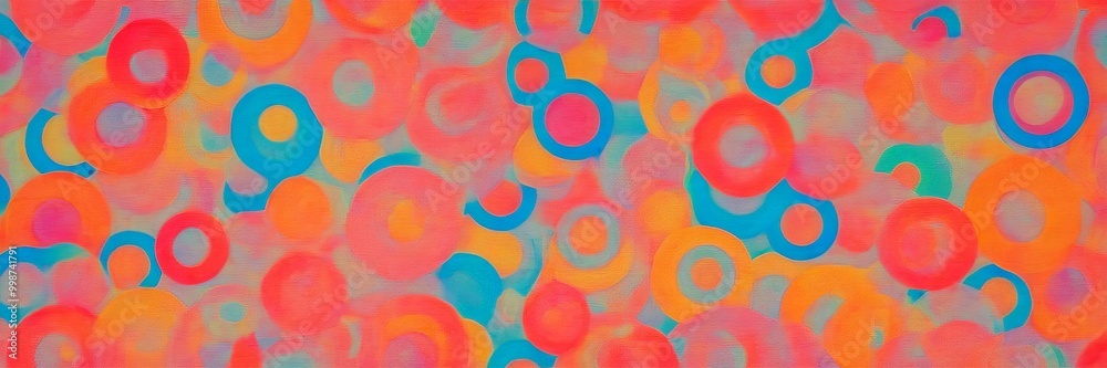 Poster a vibrant abstract pattern composed of overlapping circles in various shades of pink, orange, yellow, and blue The overlapping circles create a sense of depth and movement,