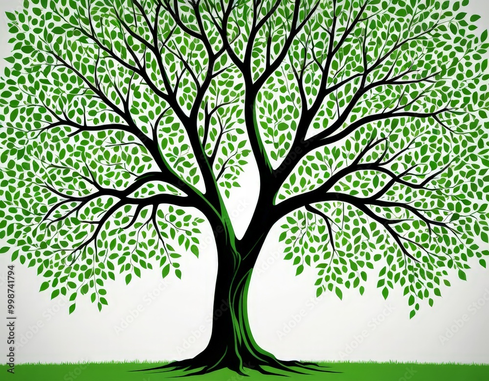 Poster a stylized tree with a large trunk and numerous branches, featuring a mix of green and black leaf pa