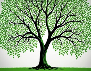 Obraz premium A stylized tree with a large trunk and numerous branches, featuring a mix of green and black leaf patterns, stands prominently against a white background
