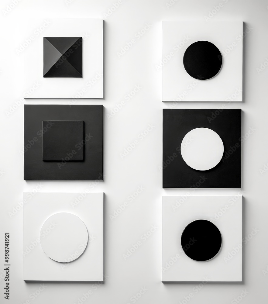 Poster six square canvases, each containing a different geometric shape, are arranged in a grid against a w
