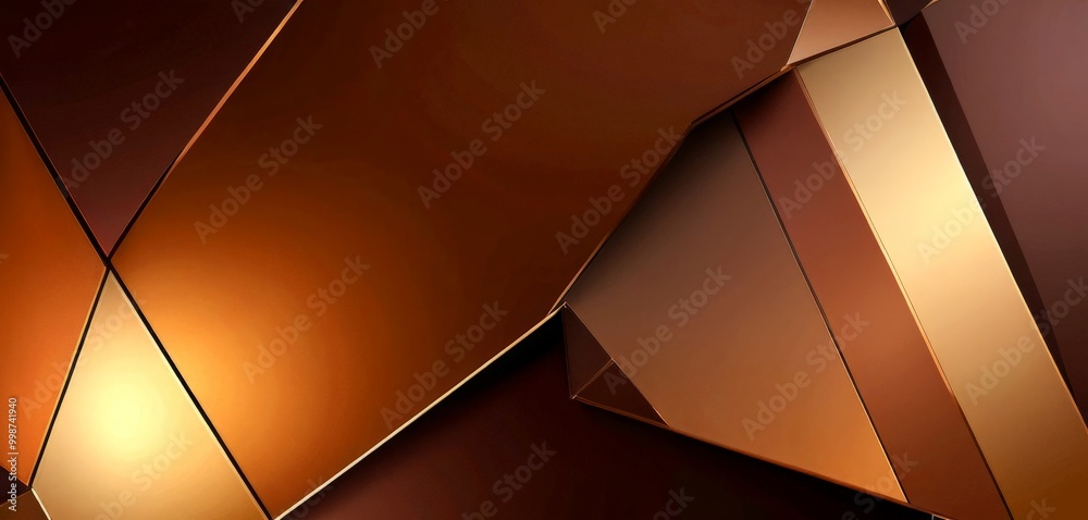 Poster a geometric abstract composition with intersecting lines and shapes in shades of brown and gold, creating a sense of depth and complexity
