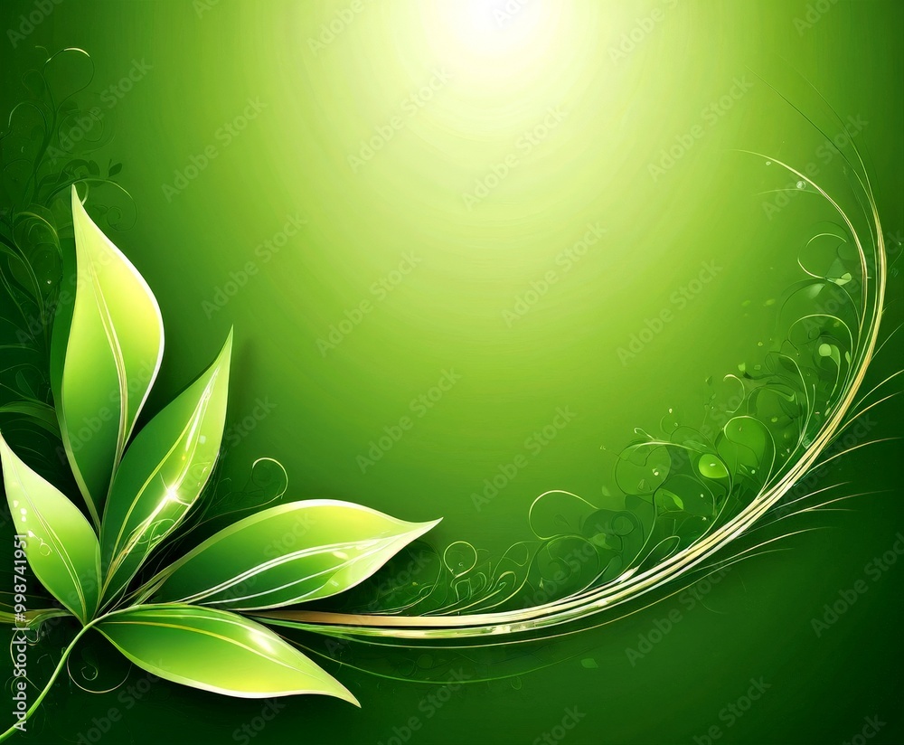 Poster a vibrant green leaf with a curving, wavy design is centered against a gradient background, creating