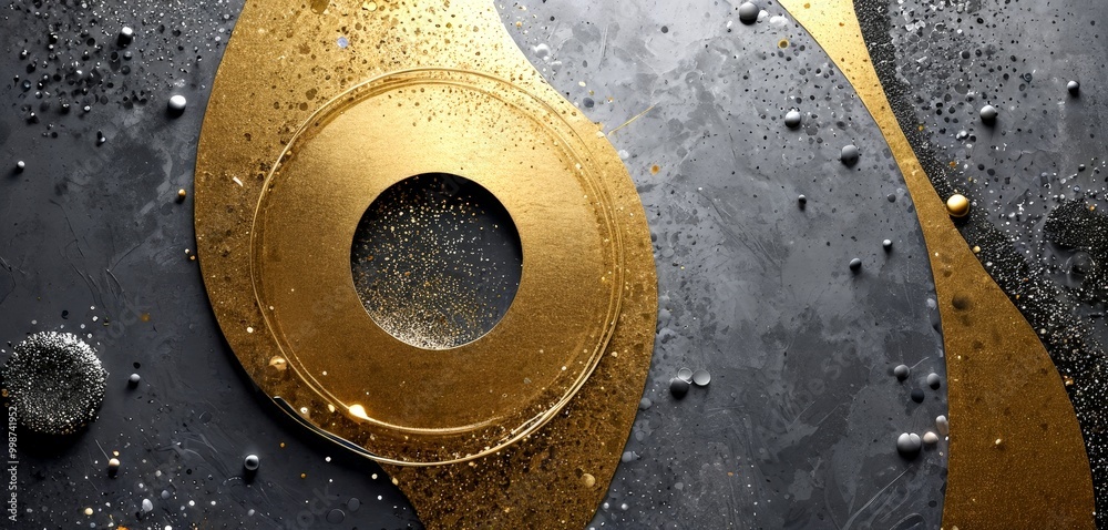 Aufkleber a striking abstract composition with a central golden circle, surrounded by a dark background speckled with gold and silver particles, creating a sense of depth and dimension