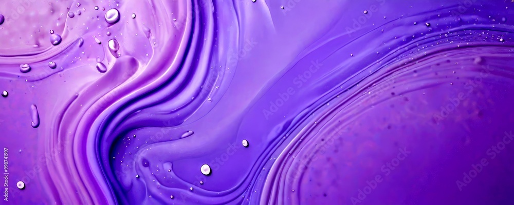 Poster a close-up view purple liquid with water droplets, creating a swirling pattern