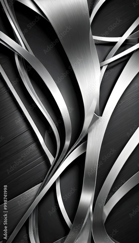 Poster a close-up metallic surface with a repeating pattern of curved lines and angles, creating a sense of depth and complexity