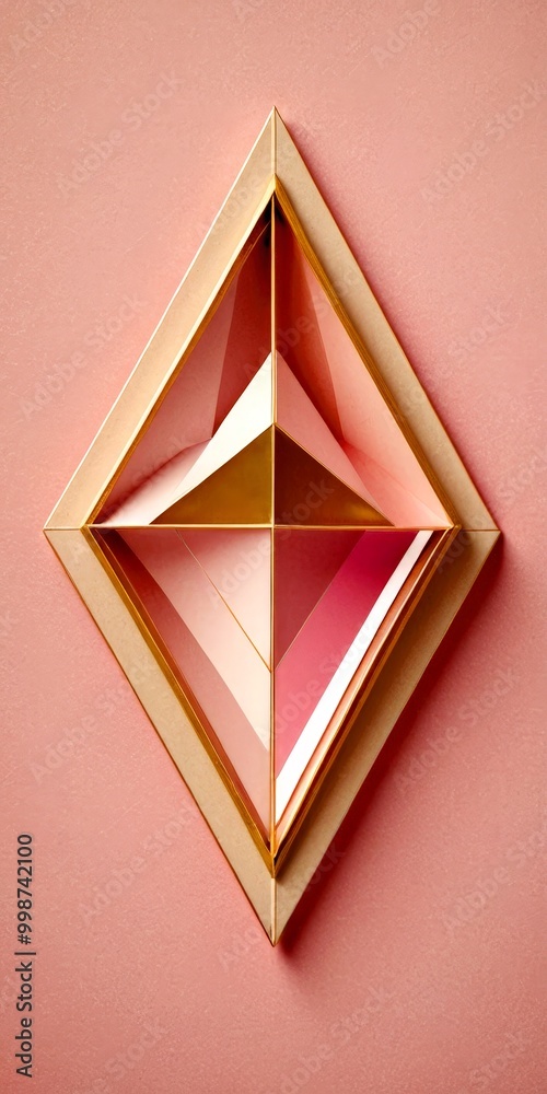 Aufkleber a geometric art piece composed of overlapping triangular shapes in pink and gold, set against a pink