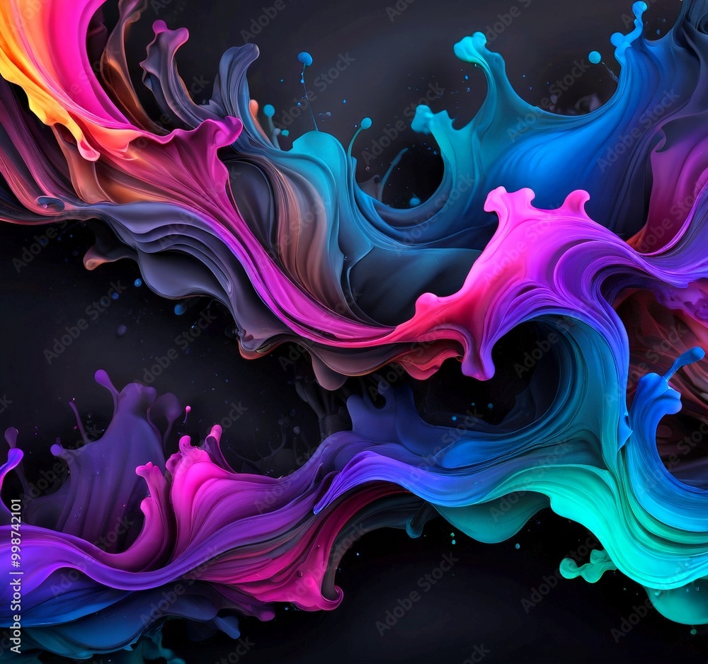 Poster a digital illustration featuring a vibrant abstract design with swirling, multicolored shapes and splashes of color against a dark background.