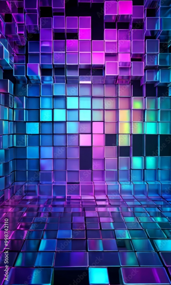 Poster A room with a grid-like pattern of multicolored cubes, creating a visually striking and abstract background