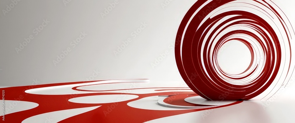 Poster a red and white abstract sculpture with concentric circles, set against a plain white background