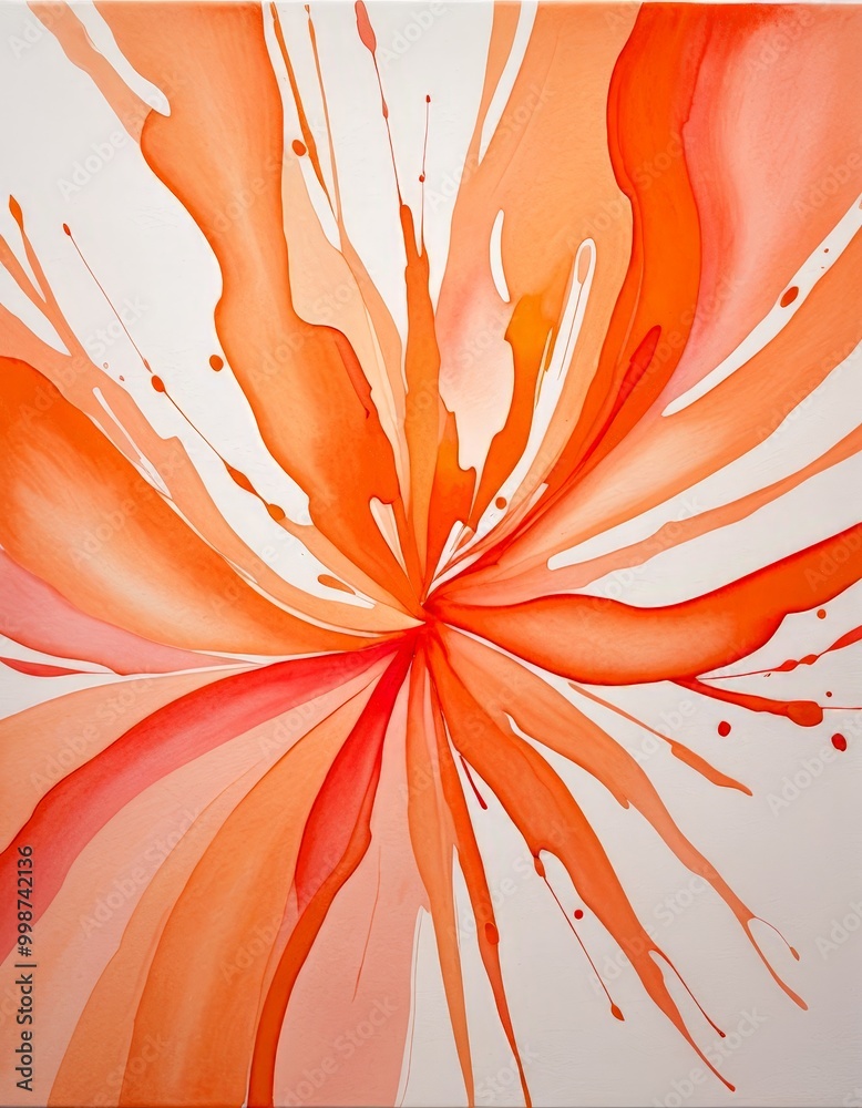Poster an abstract painting featuring a vibrant explosion of orange and pink hues, with splashes of color r