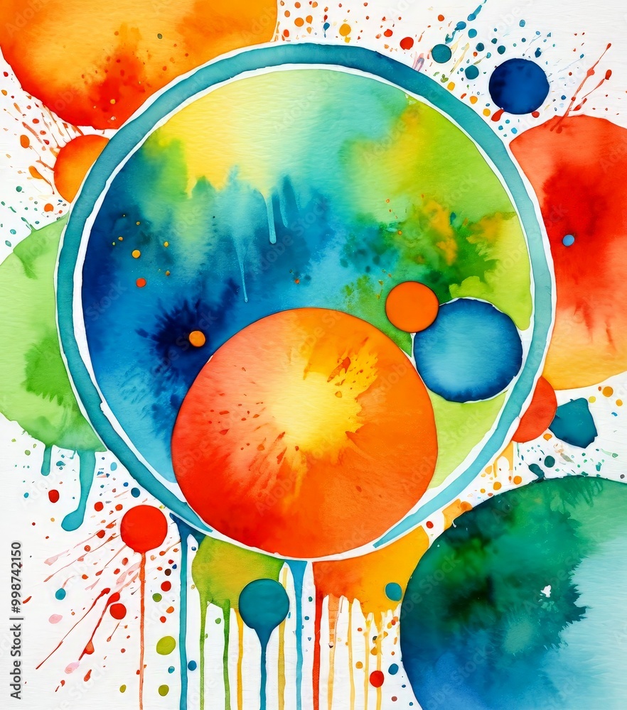 Poster a vibrant abstract painting featuring a central circular shape with a blue border, surrounded by a v