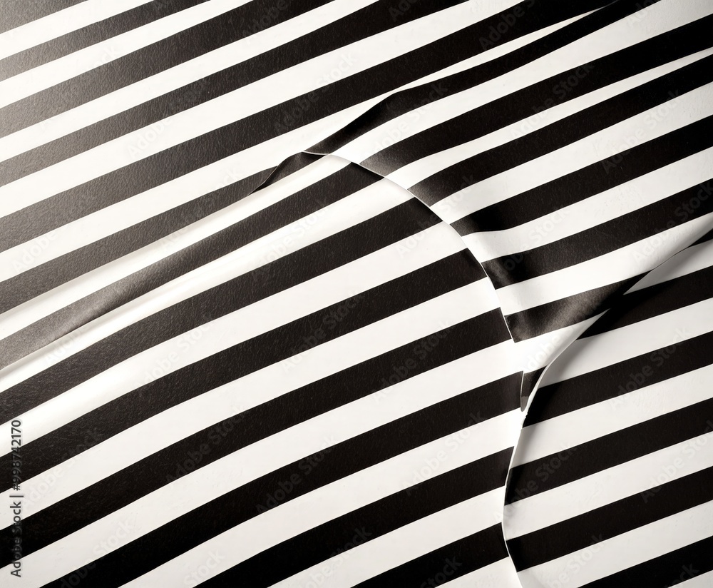 Poster a close-up view black and white striped pattern, with the stripes appearing to curve and overlap, creating a sense of depth and movement