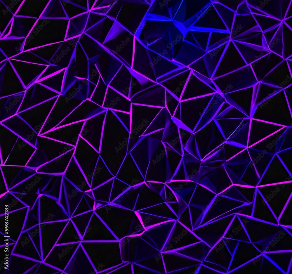Poster a complex pattern of intersecting lines and triangles in shades of purple and black, creating a visually striking and abstract design