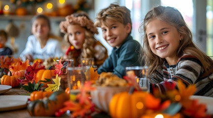 Fototapeta premium Happy Kids Smiling At The Table With Pumpkins - Realistic Image