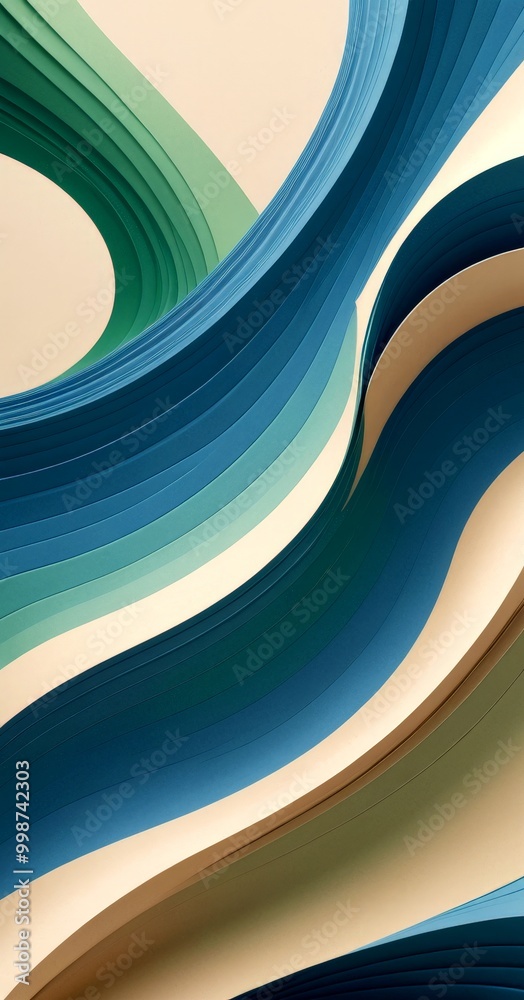 Poster a vibrant abstract composition of overlapping curved lines in various shades of blue, green, and beige, creating a dynamic and visually striking pattern.