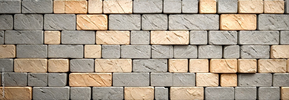 Poster a close-up view brick wall composed of rectangular bricks in various shades of gray and beige, arran
