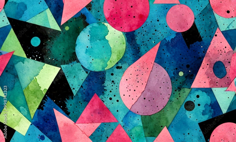 Poster a vibrant abstract pattern composed of various geometric shapes and colors, including triangles, cir
