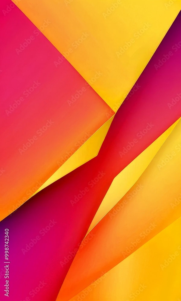 Poster a vibrant abstract composition of overlapping geometric shapes in a gradient of warm colors, predominantly pink, orange, and yellow, creating a dynamic and visually