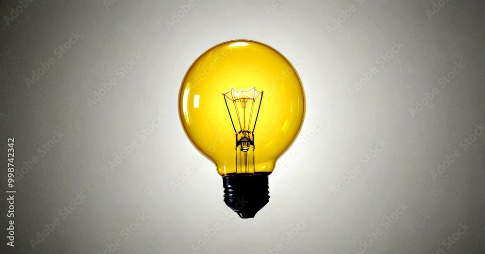 Poster a single, glowing yellow light bulb with a black base and a black cord is suspended against a gray b