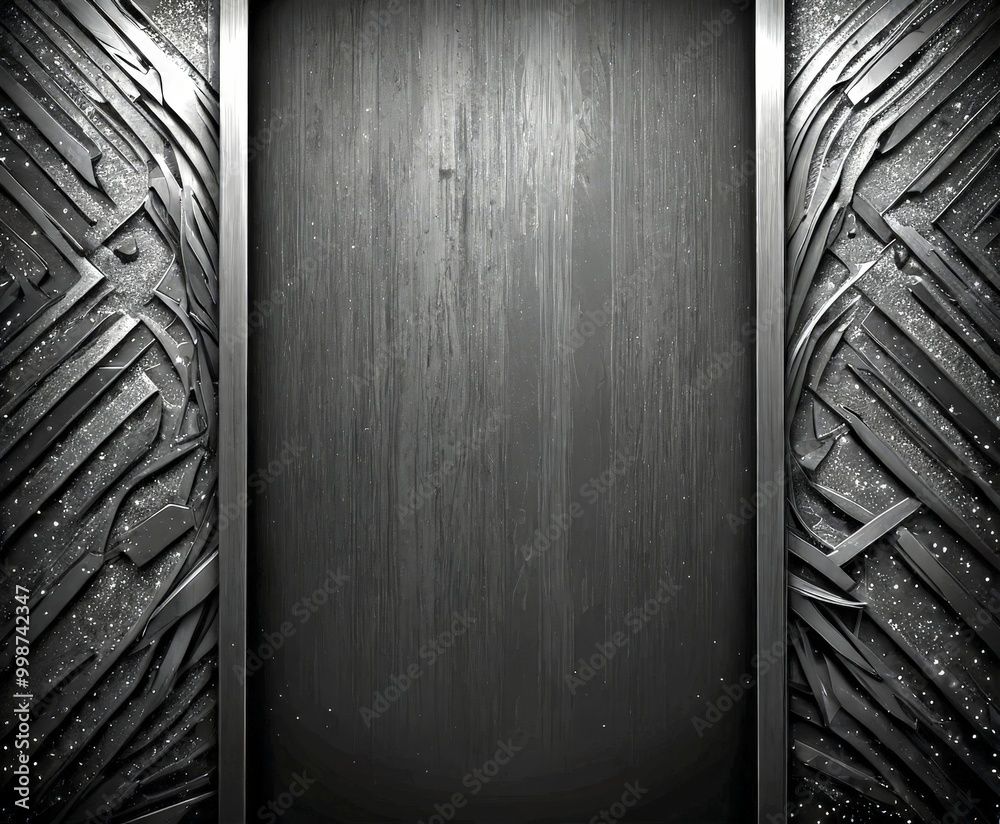Poster a dark, textured wall with a metallic frame on either side, creating a striking contrast between the dark background and the metallic elements