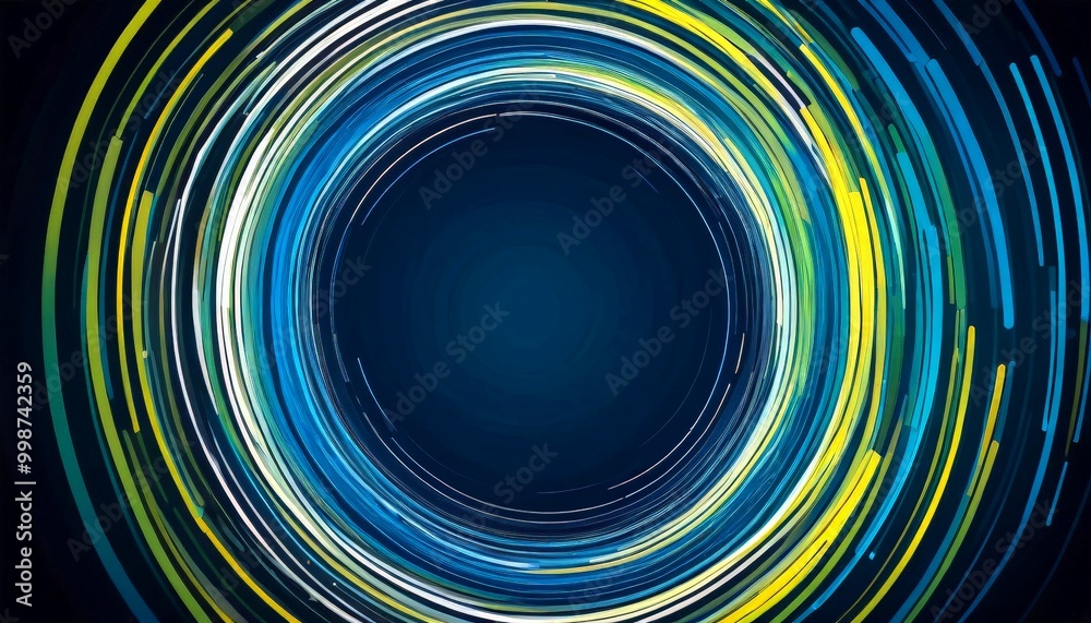 Poster a dark blue background with a central circular design composed of concentric lines in various shades of blue, green, and yellow