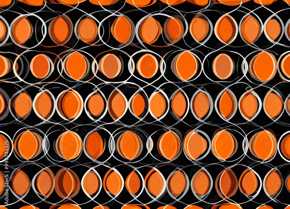 Poster a repeating pattern of overlapping circles in shades of orange and black, creating a visually striking and abstract design.