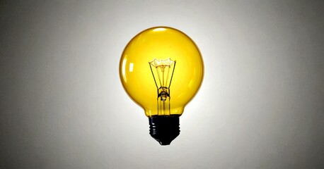 A single, glowing yellow light bulb with a black base and a black cord is suspended against a gray background