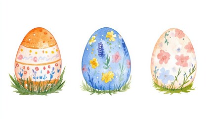 Fototapeta premium Watercolor easter eggs with floral patterns for spring decor and cards