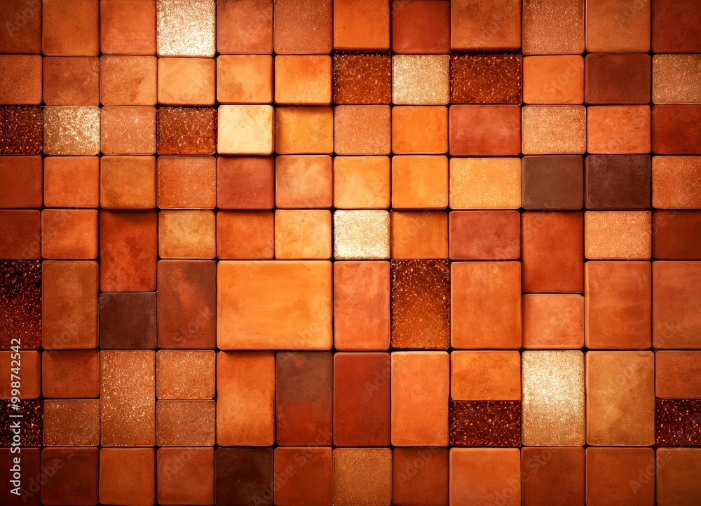 Poster a close-up view wall composed of square tiles in various shades of brown, with some tiles featuring 