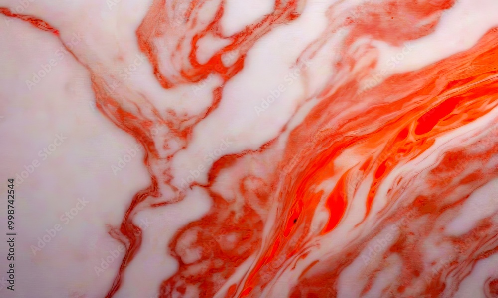Poster a close-up view marble surface with a swirling pattern of pink and orange hues, creating a sense of movement and fluidity