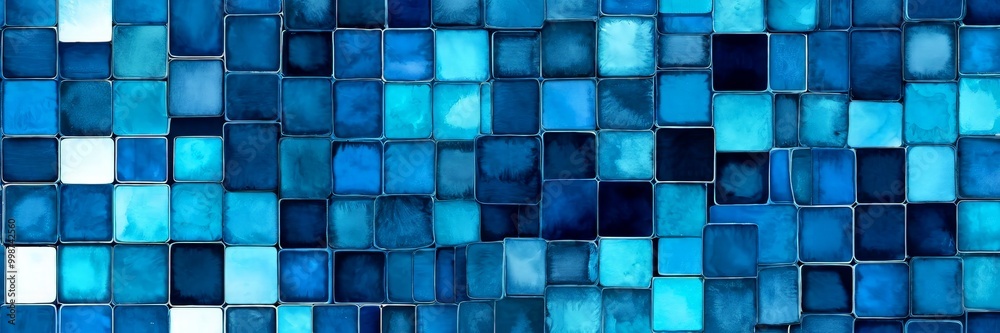 Poster a close-up view mosaic pattern composed of square tiles in various shades of blue, arranged in a grid-like pattern